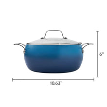 Denim blue stock pot with lid and stainless-steel handles, shown front view