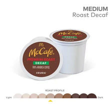 Medium roast decaf K-Cup coffee pods, two white cups with McCafe lid labels