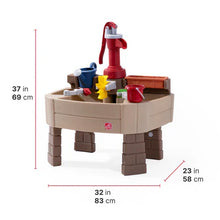 Kids water play table with red pump, beige basin, cups and splash parts