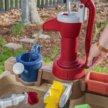 Pump and Splash water table detail with red pump, blue cup, and pouring water from nozzle.