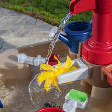 Close-up of pump and splash water table with yellow fan wheel and red pump spout.