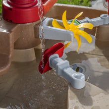 Pump and Splash water table close-up with red scoop and yellow fan wheel splashing water.