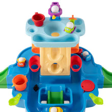 Blue and yellow water play activity tower with cups and ball features
