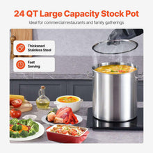 Large stainless steel stockpot with lid and handles, visible food inside
