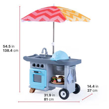 Blue BBQ play cart with umbrella; size diagram shows 81 cm length and 37 cm height