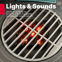 BBQ play cart grill insert with glowing orange lights behind a white grate