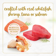 Wet cat food carton with seafood fillets illustration: salmon, tuna, shrimp, whitefish