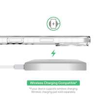 Clear gel phone case side view with charging port cutout; wireless charging compatible