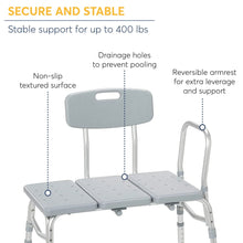 Transfer bench with gray padded backrest, non-slip seat, and reversible armrest