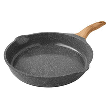 Charcoal speckle cast aluminum skillet with wooden handle and wide speckled cooking surface