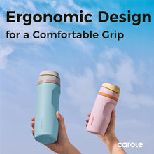 Insulated water bottle set with straw lids, held in hands; blue and pink tumblers