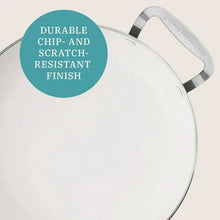Glass lid edge and metal handle for a denim blue nonstick pan
