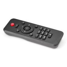 Black media remote control with red power button and button keypad