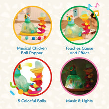 Musical chicken ball popper with colorful balls and stacked light-up tiers