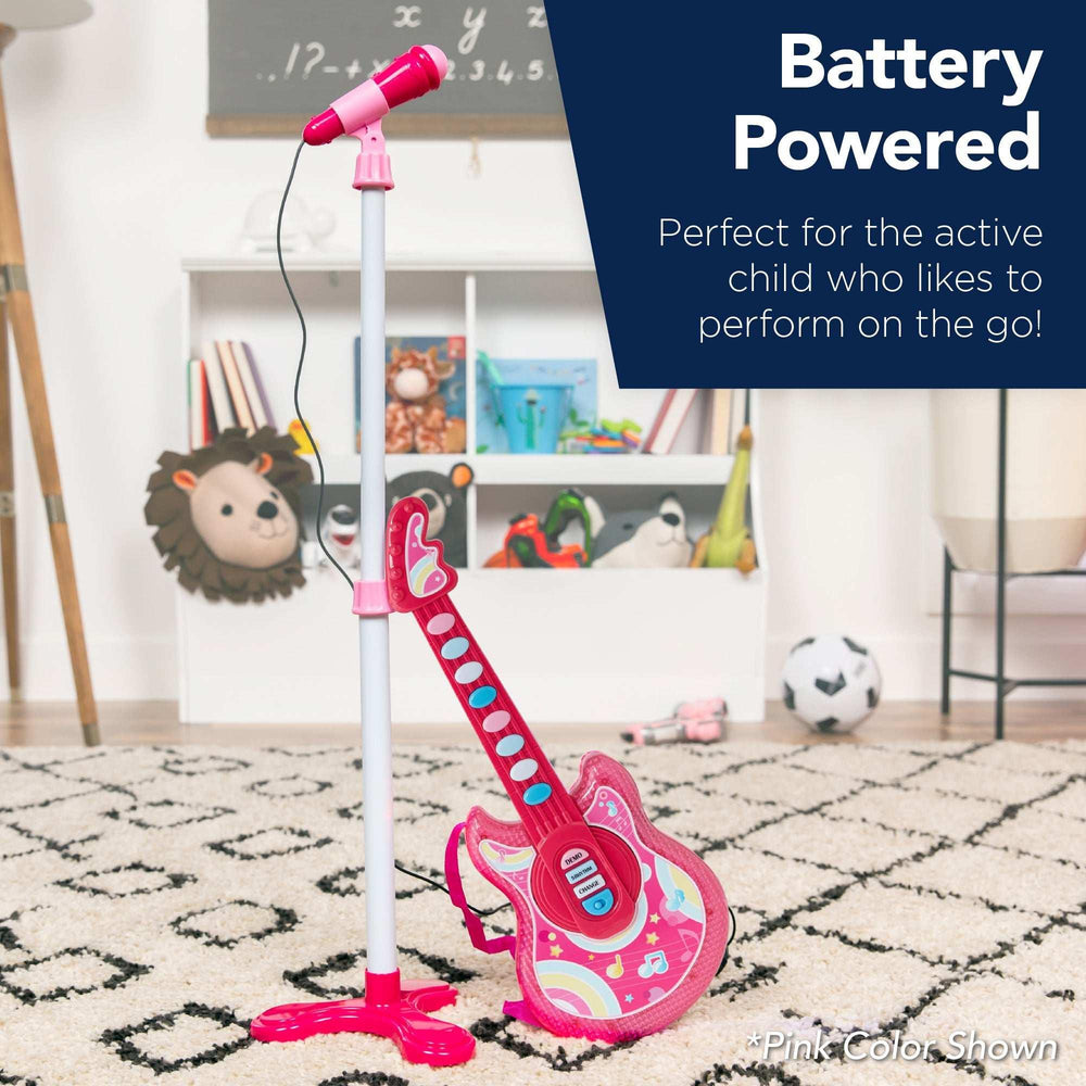 Best Choice Products 19in Kids Flash Guitar, Pretend Play Musical Instrument Toy for Toddlers w/ Mic, Stand - Black - USA MEGA SHOP