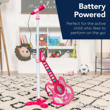 Pink kids flash guitar toy with microphone on white stand, battery-powered style set