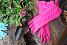 Magenta rubber cleaning glove on countertop near herbs and a knife