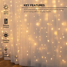 Warm white LED curtain lights with remote control and flashing modes icons