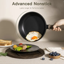 Black nonstick frying pan holding a sunny-side-up egg