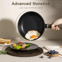 Black nonstick frying pan holding a fried egg with a long handle