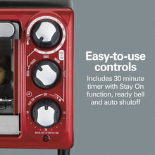 Red countertop toaster oven control panel with three temperature knobs and timer markers