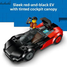 Red and black EV sports car toy with tinted canopy and seated driver minifigure