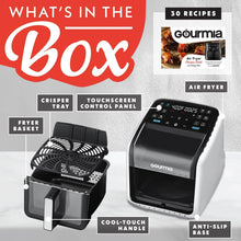 Digital air fryer with crisper basket tray and touchscreen control panel diagram