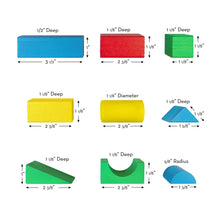 Assorted wooden block size chart with dimensions for rectangular and arched shapes.