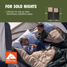 Doublewide sleeping bag with two separate sections inside a tent for solo use