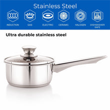 Stainless steel saucepan with lid featuring straining holes and long handle