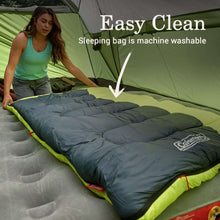 Big and tall sleeping bag laid flat, lime green and navy with zipper edge