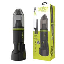 Cordless handheld vacuum dock with clear dust cup and included stand attachment, green