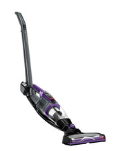 Black and purple cordless stick vacuum with angled handle and floor brush