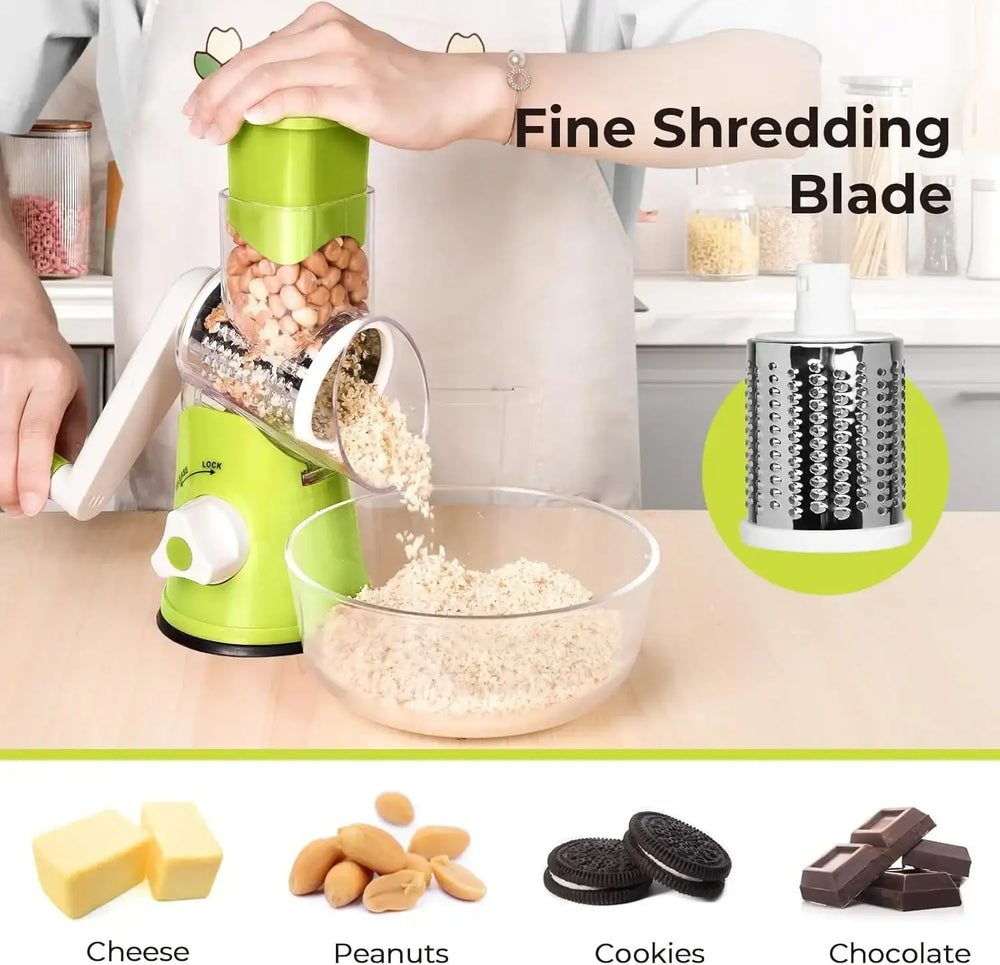 3 in 1 Cheese Grater Rotary, Cheese Shredder Grater for Kitchen Grater Slicer with 3 Replacement Blades, Potato Slicer Vegetable Chopper with Suction Base