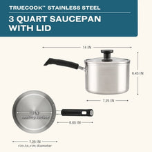 3-quart stainless steel saucepan with lid, shown with size measurements