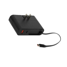 Black dual-port wall charger with retractable cable and USB-C plug