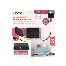 Dual-port wall charger box with retractable USB-C cable