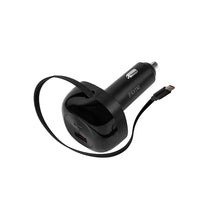 Black dual-port car charger with retractable cable and USB-C plug