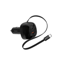 Black dual-port car charger with retractable cable and USB-C connector