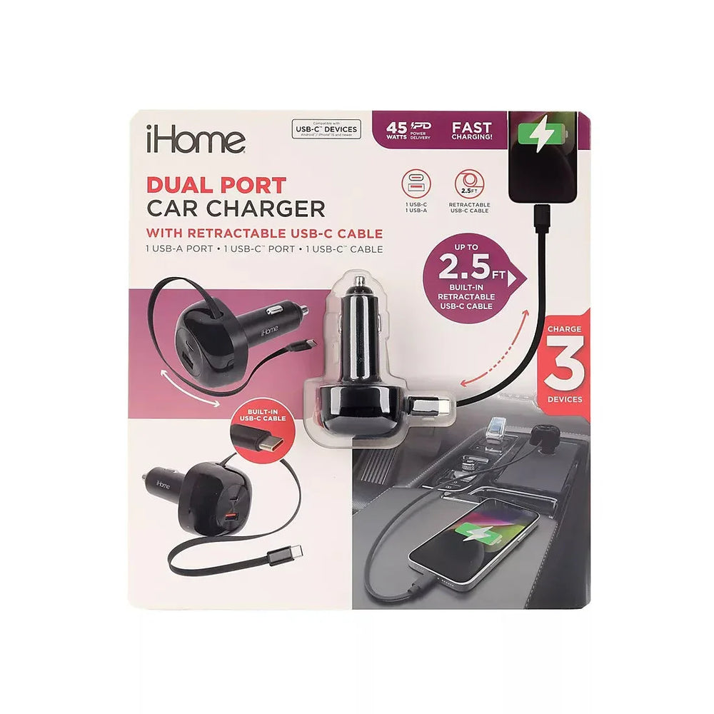 45W Dual Port Car with Retractable USB-C Cable and 1USB-A and 1 USB-C Car Charger - USA MEGA SHOP