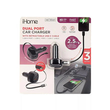 Dual-port car charger kit with retractable USB-C cable and USB-A/USB-C ports