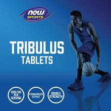 Tribulus tablets promotional graphic with NOW SPORTS logo, serving icons and athlete