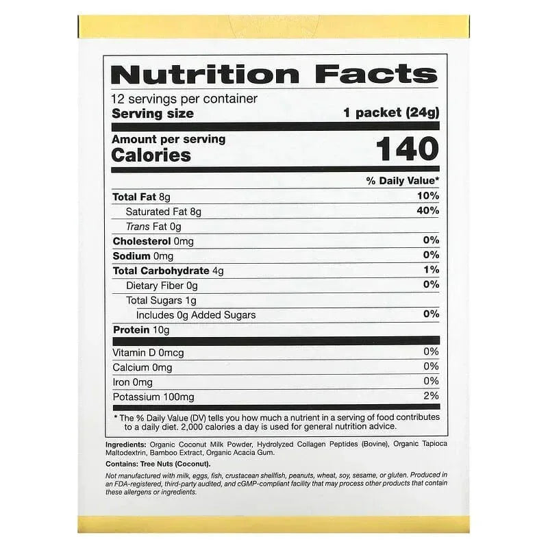 California Gold Nutrition, Superfoods, Collagen Coconut Creamer with Organic Coconut Milk Powder, and Hydrolyzed Collagen Peptides, Unsweetened, 12 Packets 0.85 oz (24 g) Each - USA MEGA SHOP
