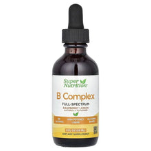 Super Nutrition B Complex liquid supplement bottle with dropper, raspberry lemon flavor
