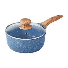 Blue speckled saucepan with glass lid and acacia wood knob handle