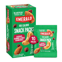 Box and pouch of 100-calorie snack packs with cashews, almonds, and dried cranberries
