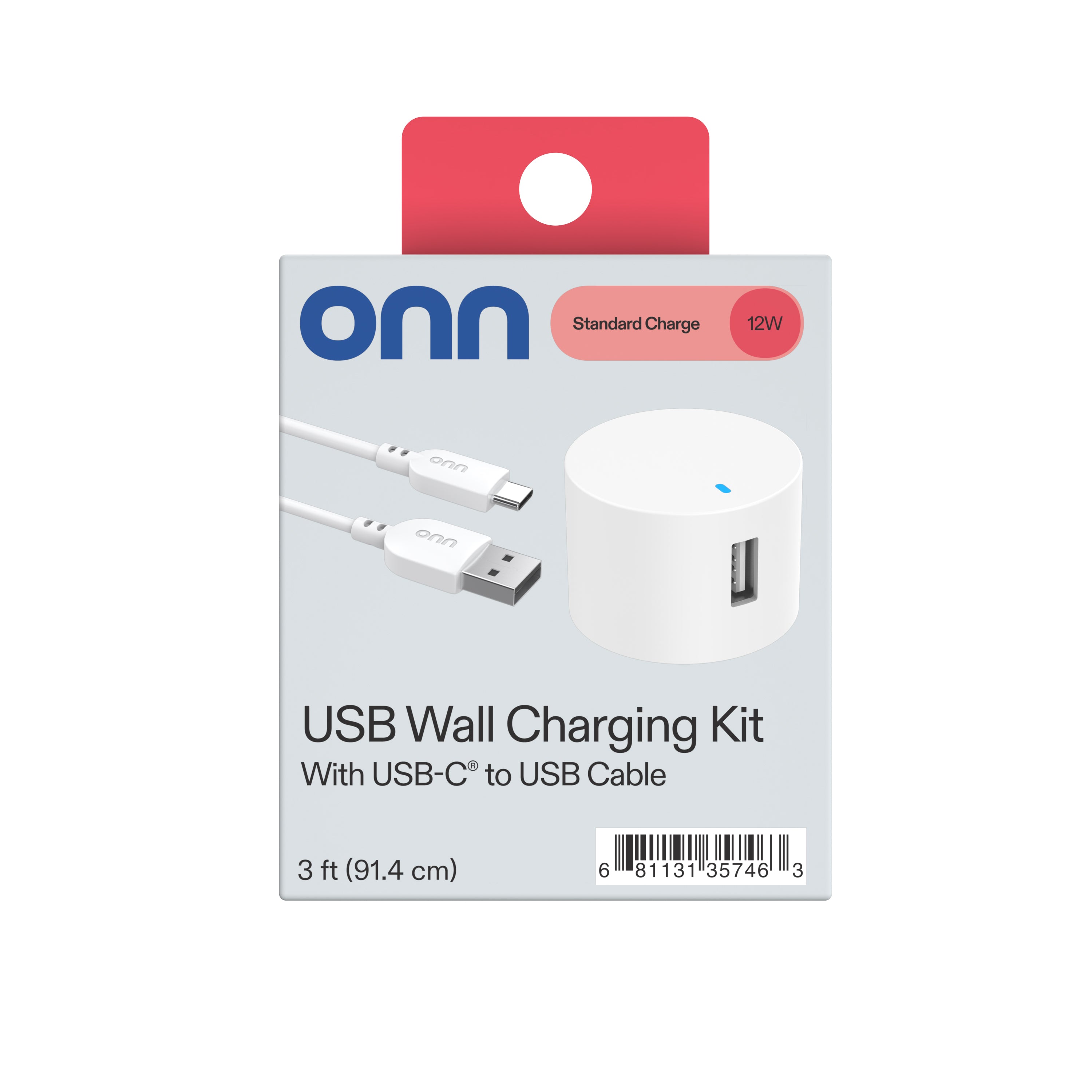 onn 12W Single USB-A Port Wall Charger with 3ft USB-C to USB Cable, Foldable Plug, White - Compatible with iPhone 17/16/15 Series, Samsung Galaxy, Google Pixel, and more