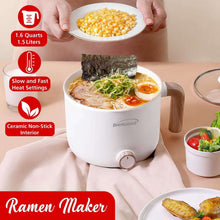 1.6-quart electric hot pot cooker with ceramic non-stick interior and wood handle.