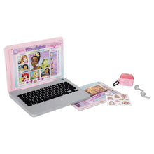 Pink pretend laptop with open screen, keyboard, and play earbuds