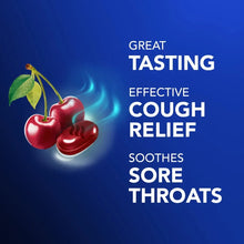 Cherry cough drops graphic with soothing sore throats and cough relief